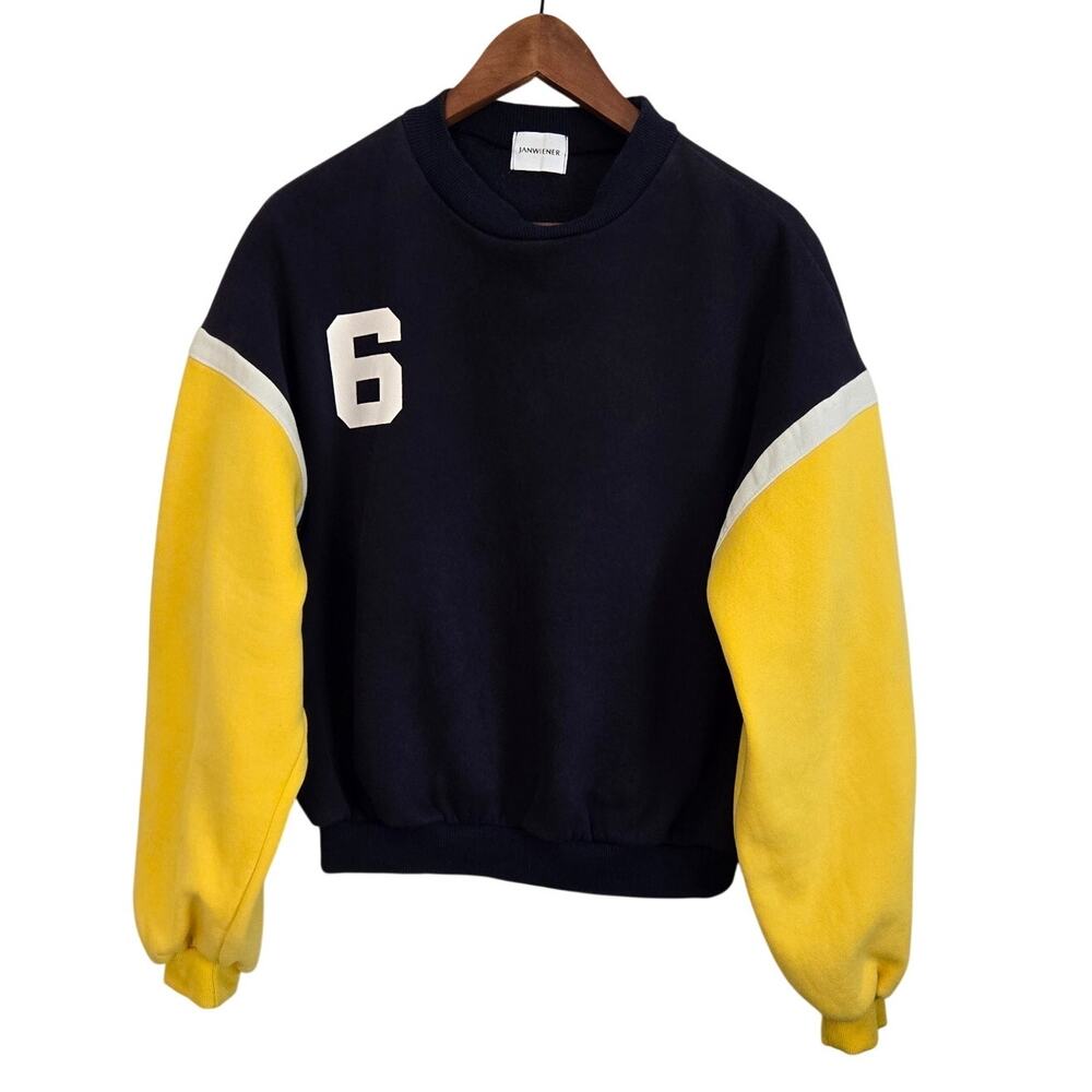 Blokecore Retro Athleisure Collegiate Navy and Yellow Color Block Sweatshirt L